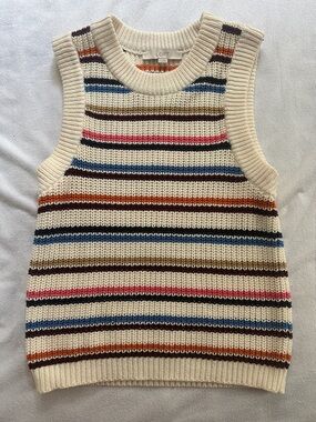 LOFT Cream Knit Sleeveless Vest with Multicolor Stripes